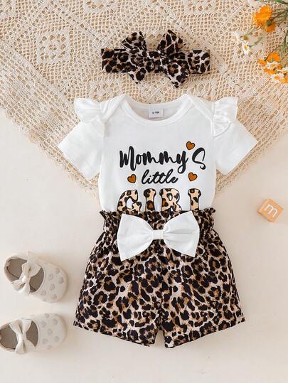 SHEIN 2pcs/Set Infant Toddler Unisex 0-3Y Baby Girl Letter Print Romper Top & Leopard Digital Print Shorts Set, Summer Outfit, Suitable For Outdoor, Casual, Vacation