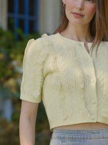 WESTFADE Pale Yellow Autumn Elegant Everyday Crewneck Mixed Cable Knit Short Sleeve Ruffle Cropped Cardigan,Boho Resort Summer Vacation Beach Festival Women's - White - View 2