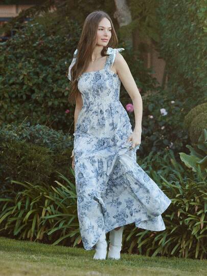 WESTFADE فستان ماكسي مطبوع بالزهور من قطن 100% بياقة مربعة مكشكشة وأربطة عنق وكشكش متدرج، مناسب للخريف والشتاء وحفلات الموسيقى الريفية في ناشفيل، طراز كاجوال وبوهيمي وغربي للنساء