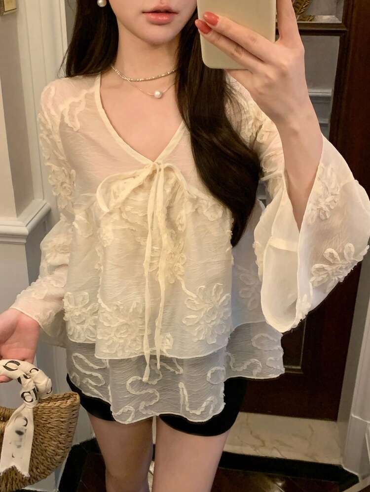 White Organza Lace Blouse, Hollow Out Design, Suitable For Spring/Summer, Valentine's Day, Wedding, Fashion Party, Music Festival, Casual Beach Vacation, Front & Middle Tie-Up, Ruffle Hem Splice Women Shirt