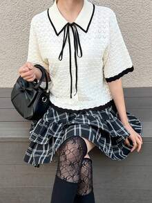 FRIFUL 女士撞色滚边前系结短袖轻薄开衫 - 米色 - 查看 5