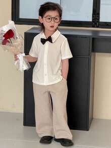DAZY Young Boy Gentleman Style Short Sleeve Single-Breasted Shirt And Pants Set - White - View 3