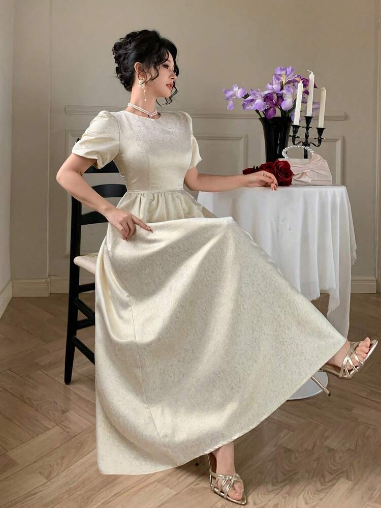 Women's Round Neck Puff Sleeve Elegant Dress Sundress