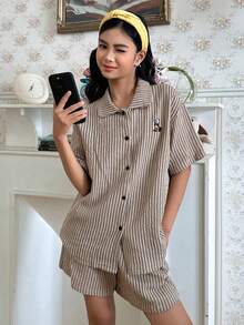 DAZY Teen Girl Cartoon Bear Striped Short Sleeve Button-Up Top And Shorts Pajama Set - Khaki - View 1