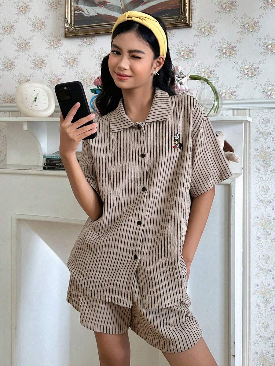 DAZY Teen Girl Cartoon Bear Striped Short Sleeve Button-Up Top And Shorts Pajama Set - Khaki - View 1