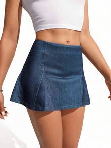 Flexra Solid Color Elastic Casual Versatile Denim Mini Skirt, Spring/Summer - Medium Wash - View 4