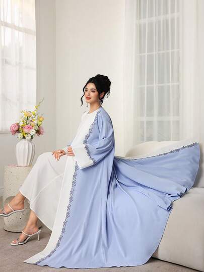 Al Najma 女士花卉刺绣拼接休闲长袍连衣裙，适合派对和日常穿着