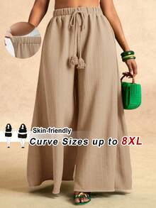 SHEIN CURVE+ Curve 尺码 US22 音乐节、海滨度假、波西米亚风女士纯色宽松长裤，休闲舒适 - 杏色 - 查看 1
