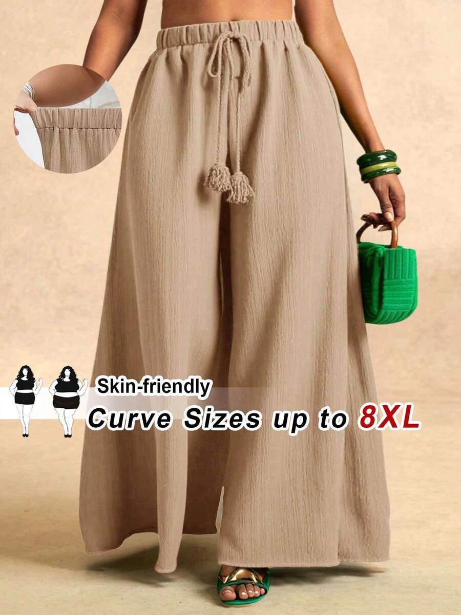 SHEIN CURVE+ Curve 尺码 US22 音乐节、海滨度假、波西米亚风女士纯色宽松长裤，休闲舒适 - 杏色 - 查看 1