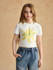 SHEIN Tween Girls Clothes Casual T-Shirt, Short Sleeve Sun Pattern Autumn, Cute, School, Back To School - Light Grey - View 5