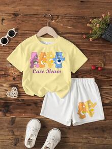 SHEIN X Care Bears Conjunto de camiseta casual versátil de manga corta y cuello redondo con estampado de dibujos animados lindos para niñas jóvenes - Blanco - Ver 1