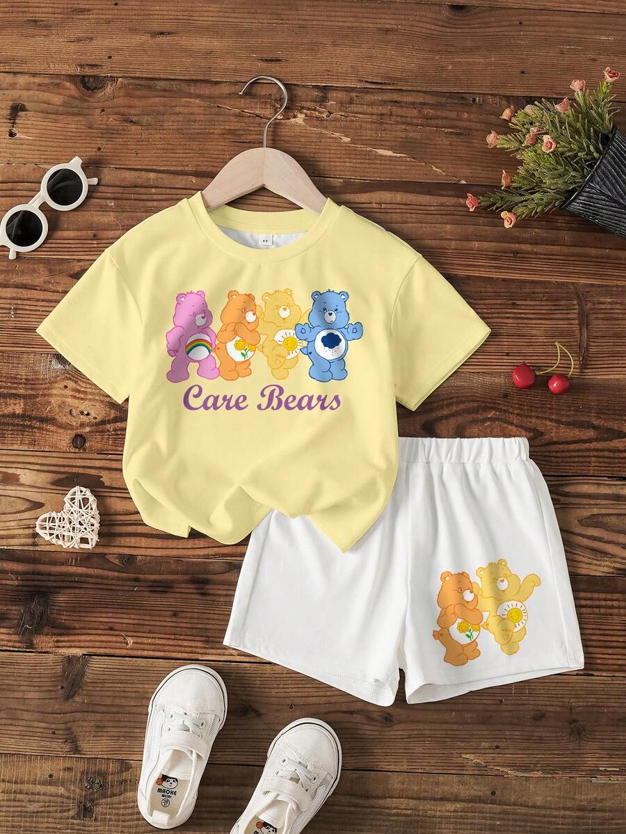 SHEIN X Care Bears Conjunto de camiseta casual versátil de manga corta y cuello redondo con estampado de dibujos animados lindos para niñas jóvenes - Blanco - Ver 1