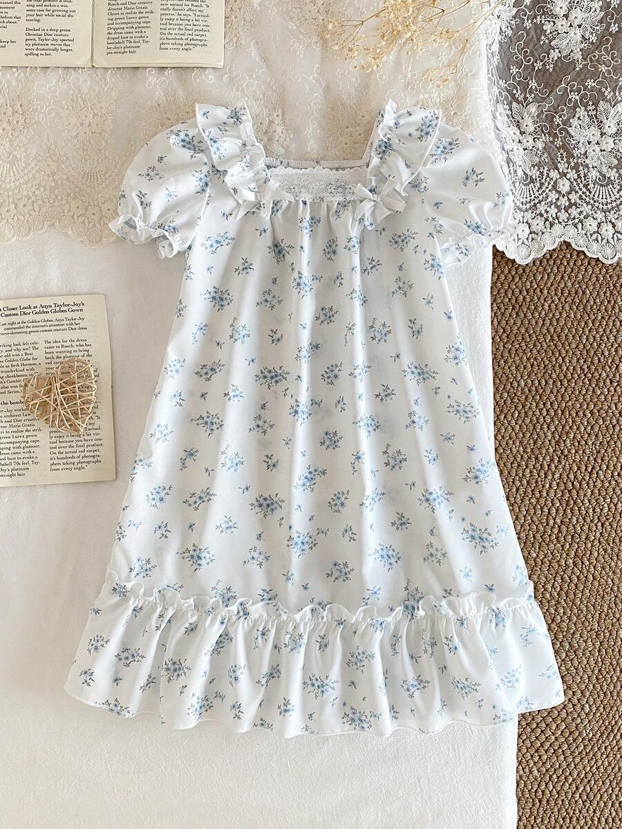 SHEIN 女童花朵蝴蝶装饰甜美可爱公主风荷叶边短袖中长睡裙 - 米色 - 查看 1