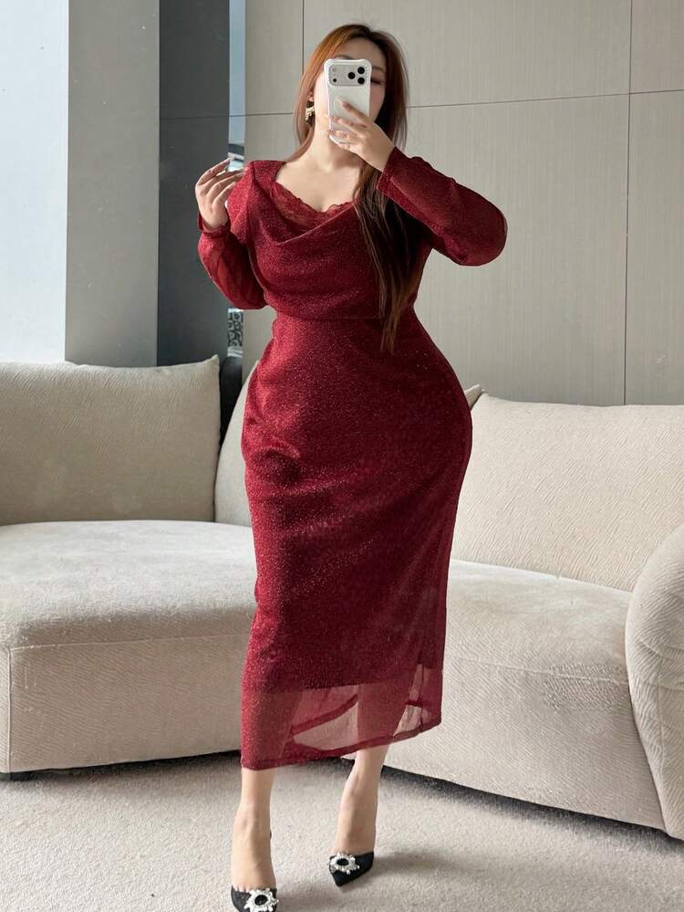 Dazy Plus Plus Size Solid Color Scoop Neck Long Sleeve Elegant Lace Patchwork Dress Sundress