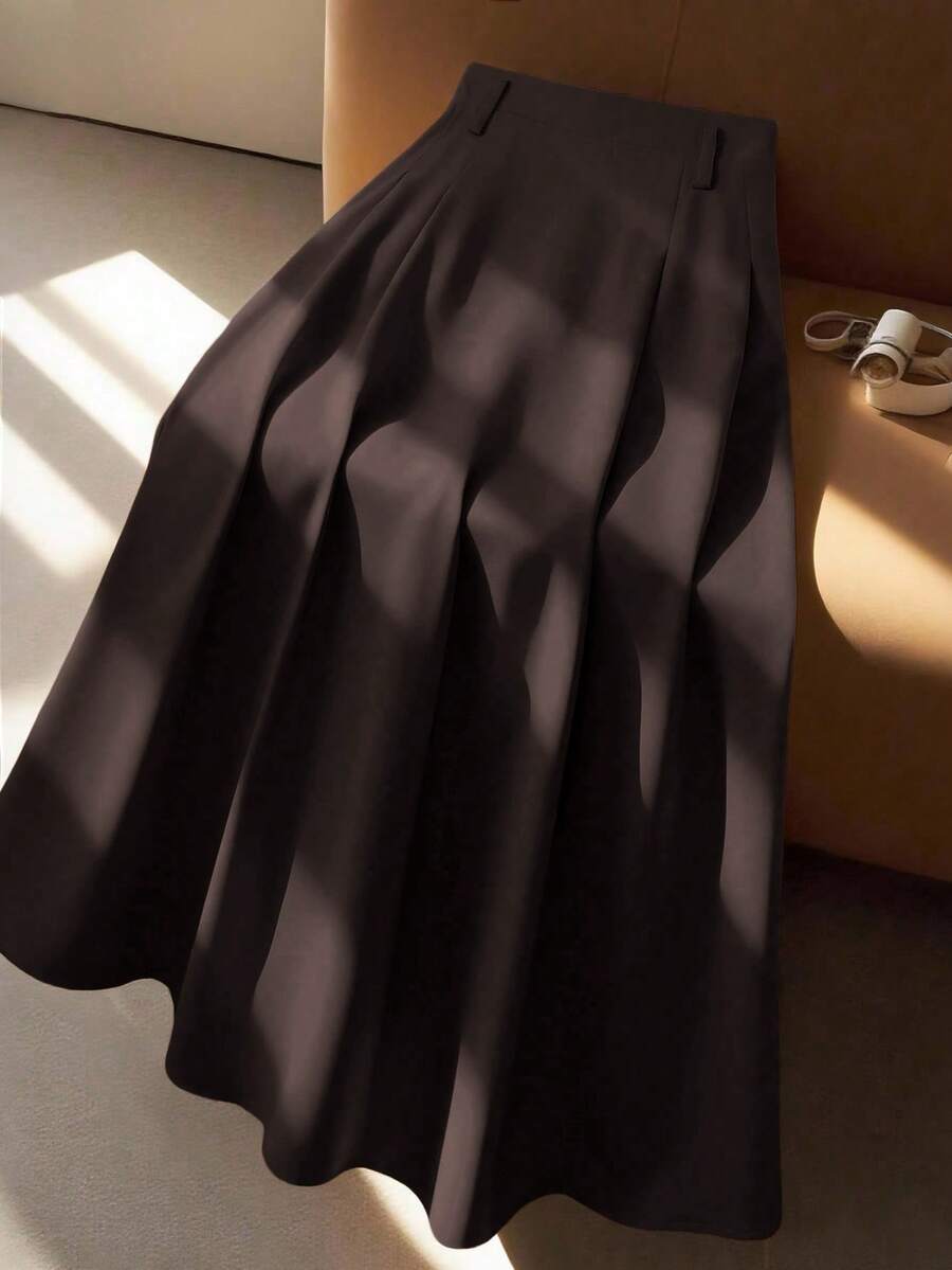 SHEIN PETITE 女款純色百褶高腰裙,適合嬌小女性 - 棕色 - 查看 1