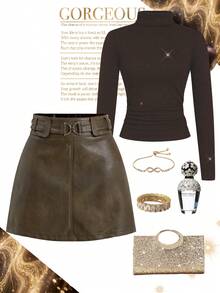 Ellevyn Casual Women's Brown Plain Woven Fabric Mini Skirt With Zipper Detail - Brown - View 7