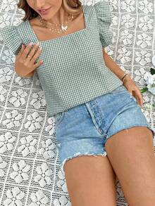 SHEIN VCAY Plus Size Summer Casual Plaid Cap Sleeve Shirt - Olive Green - View 3