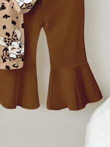 1 Set Baby Girls Lovely Rabbit Ear & Leopard Print Round Neck Short Sleeve T-Shirt And Knitted Bell-Bottom Pants Leopard Print Outfit, Cartoon Rabbit Print Clothing, Spring To Summer, Summer Outfits, Easter Outfit - Multicolor - View 5