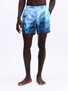 SUMWON 男士沙滩泳裤，大理石纹印花，松紧腰带抽绳设计，夏季泳池度假短裤 - 彩色 - 查看 3