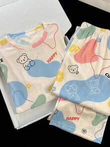 SHEIN 青少年女孩夏季可愛睡衣，熊圖案居家服，家庭配色拼色睡衣夏季套裝 - 彩色 - 查看 3
