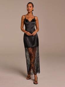 COSMINA Women's Elegant Sleeveless Black Lace Patchwork Midi Dress,Summer Satin Dress For Night Out,Vacation,,Daily Wear,Wedding Season,Formal - Black - View 1