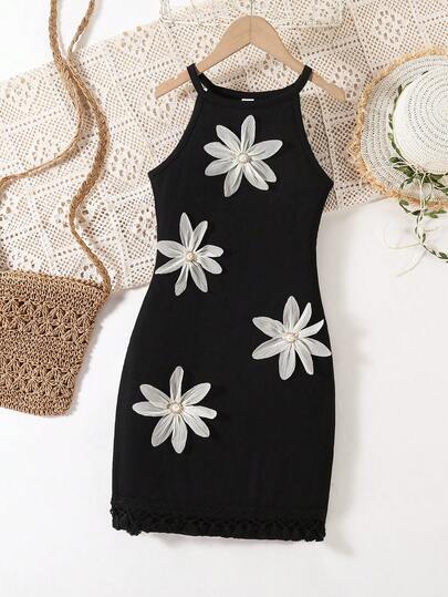 SHEIN Girls' Elegant Floral Halter Neck Dress, Suitable For Daily Outings And Vacation