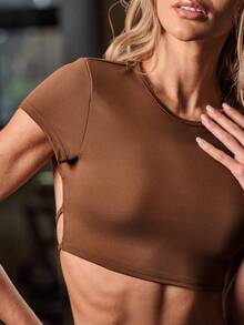 Seamluxe SHEIN Sport Áo thun thể thao hở lưng thiết kế dây hở lưng thời trang nữ, áo tập luyện màu nâu, áo tập luyện hở lưng, áo thể thao màu nâu, áo tập luyện chéo lưng, áo tập luyện hở lưng, áo tập yoga màu nâu, áo thể thao hở lưng màu nâu, áo tập luyện hở lưng màu nâu, áo tập gym - Cà phê nâu - Xem 3