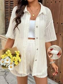 SHEIN 两件套孕妇纯色镂空单排扣中袖上衣和可调节腰带短裤休闲套装 - 白色 - 查看 5