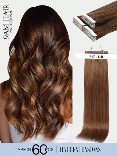 60片胶带式接发，100%真人发，4号中棕色直发，长度14-22英寸，丝滑无痕，隐形效果极佳，发尾浓密，健康真人发，适合发量稀少、沙龙级使用以及所有女性/女孩日常佩戴。