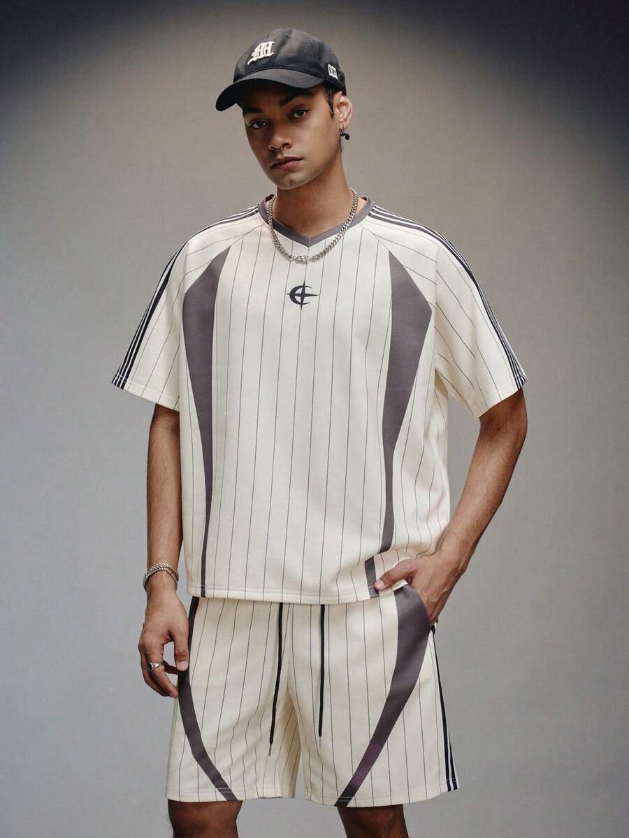 PAVTROS Men's Black And White Striped Streetwear Summer City Break Sporty V-Neck Color-Blocked Loose Short-Sleeved T-Shirt And Shorts Set For Music Festivals - Multicolor - View 1