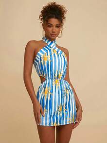 Travachic Đầm ngắn hở lưng cổ yếm bằng chiffon in họa tiết dành cho kỳ nghỉ của phụ nữ - Nhiều màu - Xem 2