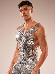 FeverCity Men's Sequin Hollow-Out Silver Tank Top - Silver - View 5