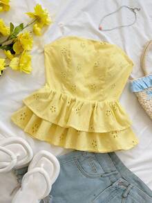 Soleia Woman Vacation Ladies Casual Goose Yellow Jacquard Tie Backless Peplum Tube Summer Cute Lunch Casual Back To School Yellow Top - Light Yellow - View 6