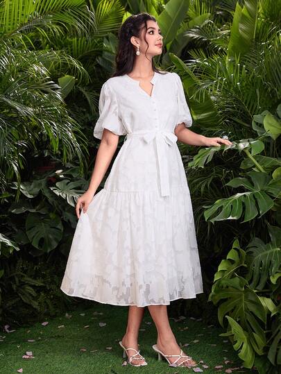 Modelyn Floral Cutout Decor Petal Sleeve White Dress With Belt
