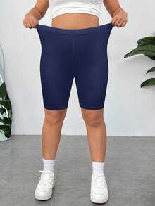 SHEIN EZwear 海军蓝加大码纯色修身短裤女长款短裤加大码骑行短裤女式紧身骑行短裤女式弹力短裤 - 藏蓝色 - 查看 5