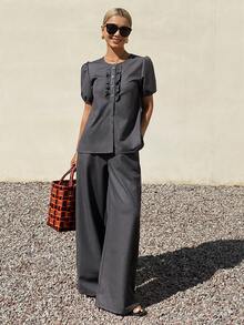 DAZY Women's Round Neck Short Sleeve Frill Trim Denim Shirt And Loose Fit Pants Casual Denim Outfit - Grey - View 5