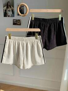 Comfortcana 2 chiếc quần short nữ cạp chun co giãn, kiểu dáng thường ngày đa năng. - Đen và trắng - Xem 2