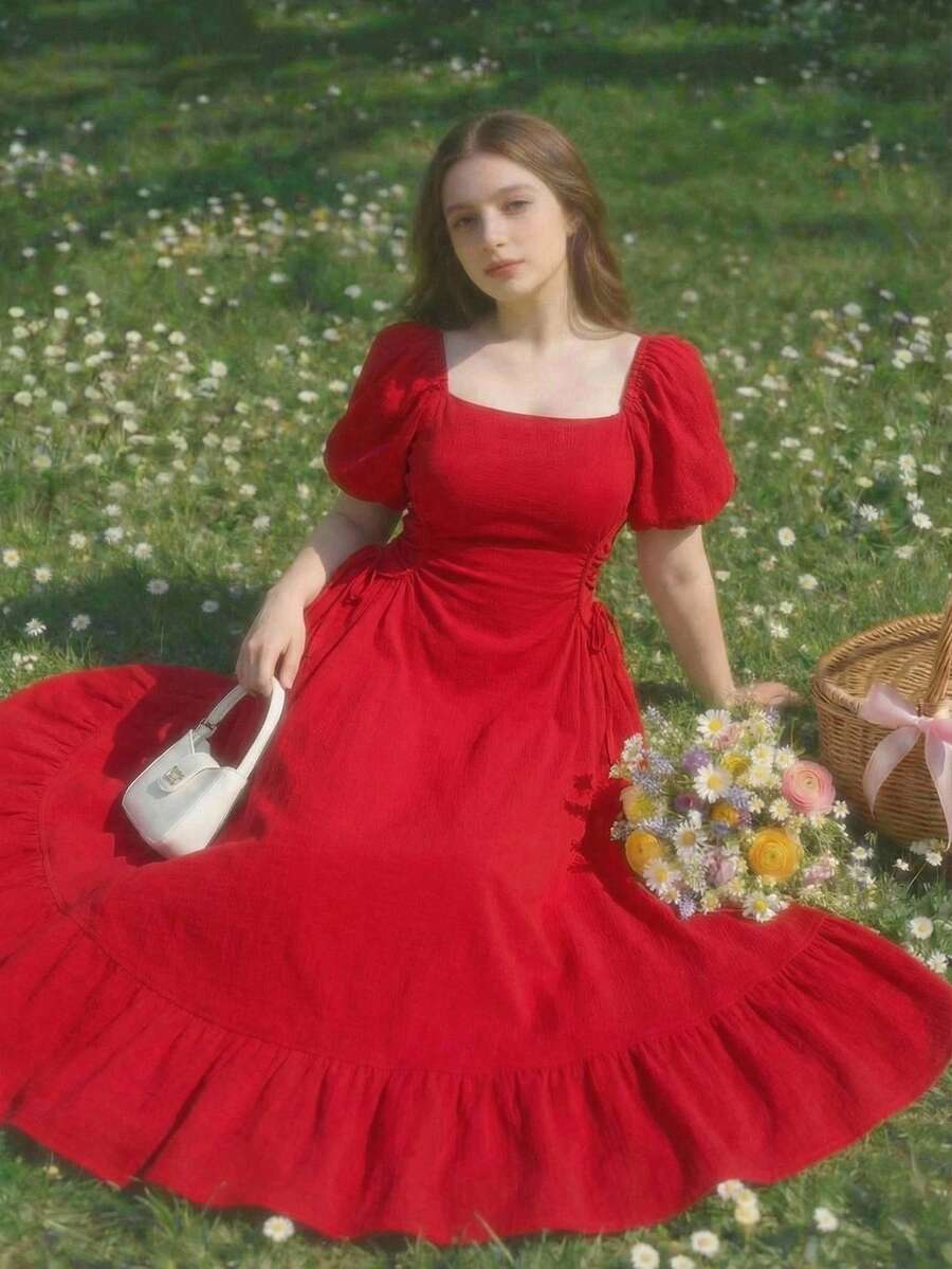 SHEIN MOD 红色侧系带泡泡袖大码女式长裙 - 紅色 - 查看 1