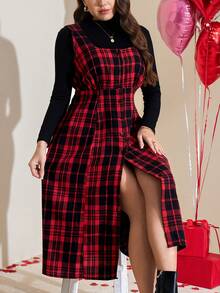 SHEIN LUNE 加大码春季女式红色格子纽扣前襟方领无袖优雅中长连衣裙，腰部系带，适合情人节穿着 - 彩色 - 查看 4