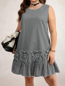 Zelara 大码格子简约日常圆领无袖连衣裙 - 黑與白 - 查看 4