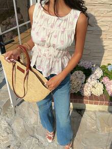 Serisse Women's Round Neck Sleeveless Ruffle Embroidery & Floral Print Blouse - Baby Pink - View 5