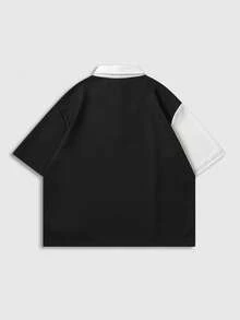 ROMWE MEN Street Life Men's Contrast Color Print Loose Short Sleeve Polo Shirt - Black - View 3