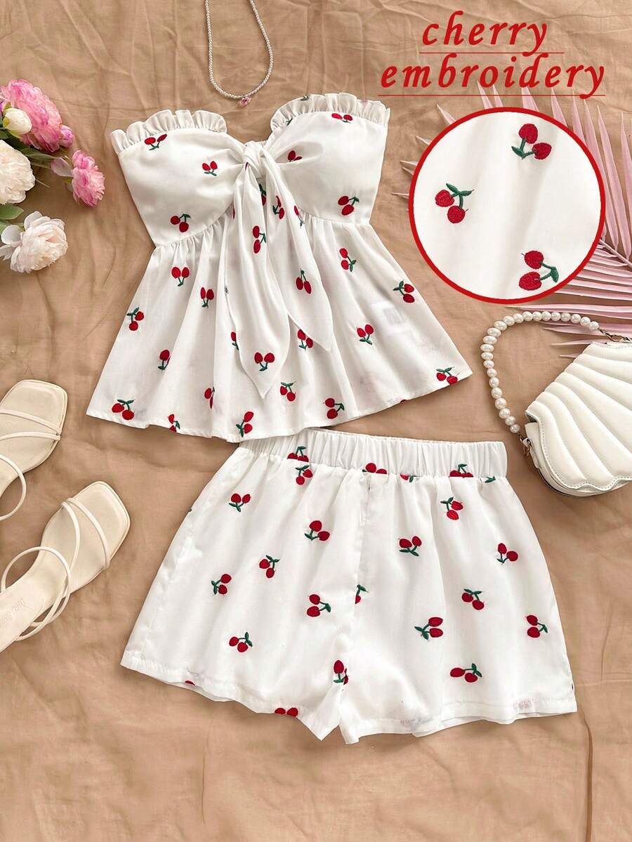 Soleia Bộ 2 món áo crop top không tay họa tiết sọc nhún bèo nhún phía trước và quần short thường ngày cho nữ, thích hợp cho tiệc tùng, bãi biển, bờ biển - Nhiều màu - Xem 1