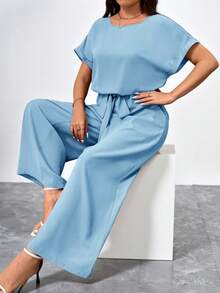 SHEIN Clasi Plus Size Elegant Round Neck Jumpsuit With Waist Belt And Wide Leg - Baby Blue - View 4