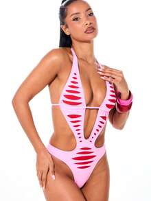 SUMWON WOMEN 镂空流苏深V领连体泳衣，交叉后背带设计，沙滩度假泳装 - 粉色 - 查看 3