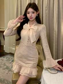 DAZY 春夏网纱荷叶边拼接休闲办公装格纹鸡尾酒会婚礼宾客连衣裙，优雅修身喇叭下摆中长连衣裙，女士吊带裙 - 米色 - 查看 9