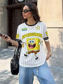 SpongeBob SquarePants | SHEIN Women Cartoon Print Striped Round Neck Short Sleeve T-Shirt - White - View 3