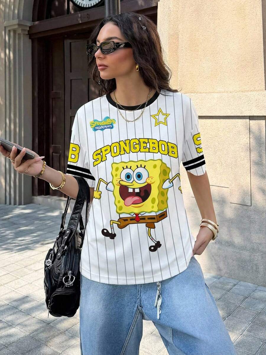SpongeBob SquarePants | SHEIN Camiseta de mujer de manga corta con cuello redondo, estampado de rayas y dibujos animados - Blanco - Ver 1
