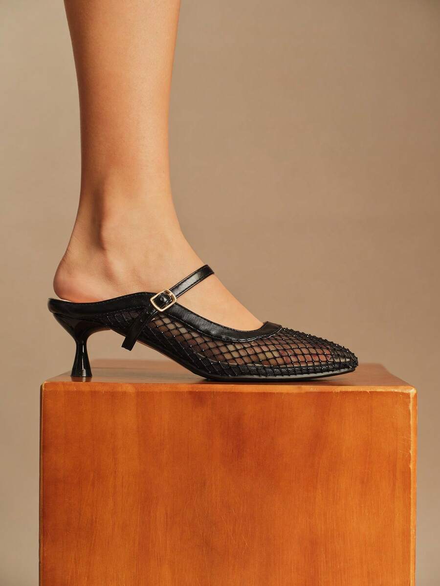 Rosivie Women's Buckle Design Fashionable Elegant High Heel Mules - Black - View 1