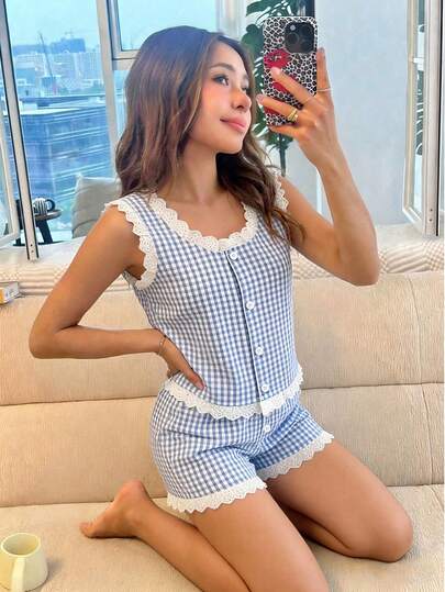 Sparklyn Tween Girls' Comfortable Daily Basic INS Style Striped Camisole + Short Contrast Lace Set